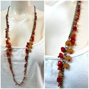 Long Red Coral Amber Bead Chain Necklace Jewelry